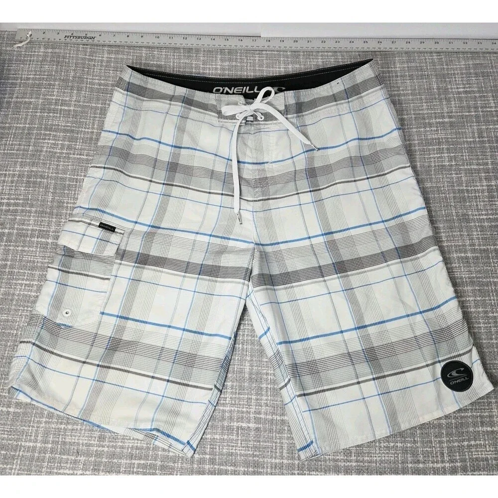 O'Neill Board Shorts Men's 34 White/Blue Plaid 11